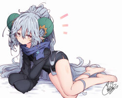 Rule 34 | 1girl, barefoot, beni shake, black dress, blue scarf, brown eyes, closed mouth, commentary request, dress, fate/grand order, fate (series), grey hair, hair between eyes, horns, larva tiamat (fate), legs, long hair, long sleeves, looking at viewer, notice lines, ponytail, scarf, shadow, signature, simple background, sleeves past fingers, sleeves past wrists, solo, tiamat (fate), toes, very long hair, white background