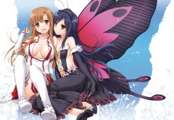 Rule 34 | 10s, 2girls, accel world, antenna hair, asuna (sao), black hair, breasts, brown eyes, brown hair, butterfly wings, creator connection, crossover, insect wings, kuroyukihime, large breasts, long hair, long legs, medium breasts, multiple girls, nakajima yuka, open clothes, red eyes, small breasts, sword art online, thighs, wings