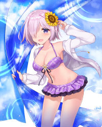 Rule 34 | 1girl, alternate costume, arm up, armpits, bikini, bikini skirt, black ribbon, blush, breasts, cleavage, cowboy shot, curtains, drawstring, eyelashes, fate/grand order, fate (series), flower, front-tie bikini top, front-tie top, hair flower, hair ornament, hair over one eye, halterneck, highres, holding, leaning forward, long sleeves, looking at viewer, mash kyrielight, medium breasts, naomi (fantasia), navel, open clothes, open shirt, pink hair, plaid, plaid bikini, purple bikini, purple eyes, ribbon, shirt, short hair, signature, sky print, solo, standing, stomach, sunflower, sunflower hair ornament, swimsuit, thighs