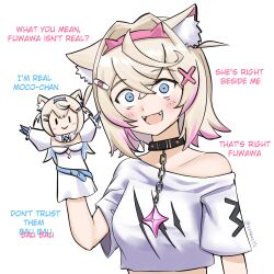 Rule 34 | 1girl, absurdres, animal ear fluff, animal ears, belt collar, black collar, blonde hair, blue eyes, collar, commentary, crazy, crazy eyes, crazy smile, cropped shirt, dog ears, dog girl, english commentary, english text, fangs, fuwawa abyssgard, fuwawa abyssgard (1st costume), hair ornament, hand puppet, highres, hololive, hololive english, looking at viewer, medium hair, mococo abyssgard, mococo abyssgard (1st costume), multicolored hair, off-shoulder shirt, off shoulder, pink hair, puppet, shirt, short sleeves, simple background, smile, spiked collar, spikes, streaked hair, syaqastic, upper body, ventriloquism, virtual youtuber, white background, white shirt, x hair ornament