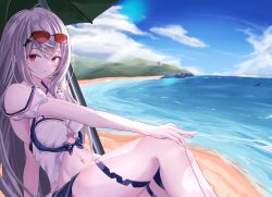 Rule 34 | 1girl, ahoge, arknights, arm support, bare shoulders, beach, beach umbrella, blue sky, blush, breasts, closed mouth, day, eyewear on head, grey hair, hand on own knee, highres, knees up, large breasts, leaning back, long hair, looking back, navel, ocean, official alternate costume, orca hair ornament, outdoors, red-tinted eyewear, red hair, revision, sitting, skadi (arknights), skadi (waverider) (arknights), sky, solo, sunglasses, thigh strap, tinted eyewear, umbrella, very long hair, water, yoshi-j
