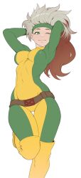 Rule 34 | 1girl, animification, armpits, arms behind head, arms up, belt, bodysuit, boots, breasts, brown hair, cheshirrr, commentary, commission, covered navel, dyed bangs, english commentary, green bodysuit, green eyes, headband, highres, knee boots, long hair, looking at viewer, marvel, medium breasts, multicolored clothes, multicolored hair, one eye closed, rogue (x-men), smile, solo, superhero costume, two-tone bodysuit, two-tone hair, white hair, x-men, yellow bodysuit