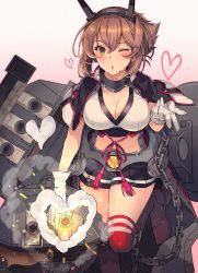 Rule 34 | 1girl, black skirt, blush, breasts, brown hair, chain, cleavage, gloves, gradient background, green eyes, hair between eyes, headgear, heart, highres, kantai collection, kasumi (skchkko), large breasts, machinery, miniskirt, mutsu (kancolle), mutsu kai ni (kancolle), one eye closed, parted lips, pleated skirt, red thighhighs, rigging, short hair, skirt, solo, thighhighs, turret, white gloves