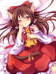 Rule 34 | 1girl, animal ears, ascot, bad id, bad pixiv id, bell, blush, bow, brown eyes, brown hair, cat ears, cat tail, detached sleeves, hair bow, hair tubes, hakurei reimu, kemonomimi mode, long hair, one eye closed, pillow, red skirt, revision, ribbon, skirt, solo, tail, tail ornament, tail ribbon, touhou, uguisu mochi (ykss35), wide sleeves