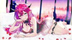 Rule 34 | 1girl, absurdres, barefoot, bed, black bow, black choker, black dress, blush, bow, bracelet, breasts, choker, cleavage, double halo, dress, earrings, hair behind ear, halo, heterochromia, highres, hololive, hololive english, horns, indoors, irys (hololive), jewelry, looking at viewer, lying, medium breasts, on side, parted lips, petals, pillow, pink hair, pointy ears, red hair, smile, solo, sowon, star halo, thigh strap, virtual youtuber, window