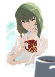 Rule 34 | 1girl, buttons, coffee, coffee mug, collared shirt, commentary request, cup, dress shirt, green hair, hair between eyes, hand on own elbow, highres, holding, holding cup, itocoh, kazami yuuka, medium hair, mug, orange eyes, pov, shirt, simple background, smile, solo, teeth, touhou, white shirt