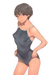 Rule 34 | 1girl, armpits, bare shoulders, blue one-piece swimsuit, breasts, brown eyes, clothes pull, commentary request, covered erect nipples, covered navel, cowboy shot, frontal wedgie, grey hair, grey one-piece swimsuit, head tilt, lips, looking at viewer, one-piece swimsuit, one-piece swimsuit pull, original, pulling own clothes, short hair, simple background, small breasts, smile, solo, swimsuit, takeda sun, tan, tanline, thighs, wedgie, white background