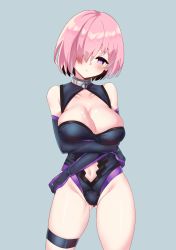 1girl absurdres bare_shoulders blush breasts cleavage collarbone elbow_gloves fate/grand_order fate_(series) gloves gluteal_fold highres jewelry large_breasts mash_kyrielight navel parted_lips pink_hair purple_eyes rayno short_hair solo thighlet