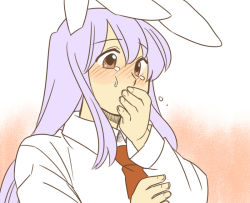 Rule 34 | 1girl, animal ears, bad id, bad pixiv id, blush, covering own mouth, female focus, hand over own mouth, koyama shigeru, long hair, necktie, purple hair, rabbit ears, red eyes, red necktie, reisen udongein inaba, solo, tears, touhou