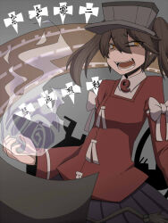 Rule 34 | 1girl, bags under eyes, black skirt, bow, breasts, brown hair, commentary request, cowboy shot, eyes visible through hair, fire, gesugao, grey background, hair between eyes, kantai collection, kuri dora, long bangs, long sleeves, looking at viewer, magatama, medium hair, open mouth, pleated skirt, red shirt, ryuujou (kancolle), scroll, shaded face, shikigami, shirt, skirt, sleeve bow, small breasts, smile, solo, teeth, twintails, white bow, white fire, yellow eyes