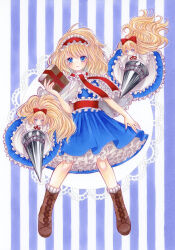 Rule 34 | 1girl, absurdres, alice margatroid, blonde hair, blue dress, blue eyes, blush, book, boots, bow, brown footwear, capelet, closed mouth, commentary request, doll, dress, frilled hairband, frills, grimoire, grimoire of alice, hair bow, hairband, highres, holding, holding book, holding polearm, holding weapon, lance, lolita hairband, long hair, looking at viewer, neck ribbon, petticoat, polearm, red bow, red hairband, red ribbon, ribbon, scarf, shanghai doll, short sleeves, solo, striped, striped background, touhou, weapon, white capelet, yuuki hana (jtnp5334)