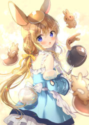 Rule 34 | 1girl, amedamacon, animal, animal ears, bare shoulders, blue sleeves, blush, bow, brown hair, commentary request, detached sleeves, dress, food, food on head, frilled dress, frills, from behind, frying pan, fur-trimmed sleeves, fur trim, hair between eyes, hair bow, highres, holding, long hair, long sleeves, looking at viewer, looking back, low twintails, object on head, open mouth, original, pancake, rabbit, rabbit ears, rabbit girl, rabbit tail, sleeveless, sleeveless dress, sleeves past wrists, solo, tail, twintails, very long hair, wide sleeves, winged animal, yellow bow