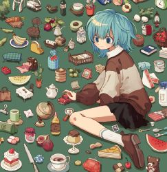 Rule 34 | 1girl, apple, avocado, ball, basket, basketball, basketball (object), beans, black skirt, blue eyes, blue hair, book, bottle, brown footwear, bucket, cactus, cake, cake slice, candy, carrot, chair, cherry, chocolate, chocolate bar, clock, closed mouth, coffee, coffee mug, cup, cutting board, dot nose, doughnut, egg (food), elephant, fava bean, fingernails, flower, food, fork, fried egg, fruit, globe, green background, highres, ironing board, jar, ka (marukogedago), knife, lego brick, long sleeves, melon, mop, mug, olive, original, pacifier, pancake, pencil case, plant, pleated skirt, postage stamp, potted plant, pudding, sandwich, sewing machine, shoes, short hair, simple background, sitting, skirt, slippers, smile, socks, solo, spoon, strawberry, stuffed animal, stuffed toy, sweater, table, tagme, tape, teddy bear, tissue box, toy car, toy truck, tray, tree, turnip, wariza, watering can, watermelon, white socks, wine bottle