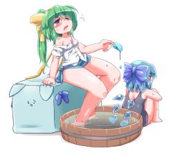 Rule 34 | 2girls, alternate costume, aoihitsuji, black one-piece swimsuit, blue bow, blue eyes, blue hair, blue shorts, bow, breasts, bucket, cirno, collared shirt, commentary request, daiyousei, fairy wings, food, full body, green hair, hair bow, hot, ice, ice wings, long hair, melting, multiple girls, off shoulder, one-piece swimsuit, one eye closed, open mouth, ponytail, popsicle, puffy short sleeves, puffy sleeves, shirt, short hair, short sleeves, shorts, simple background, sitting, small breasts, soaking feet, swimsuit, touhou, wading, water, white background, white shirt, wings, yellow bow