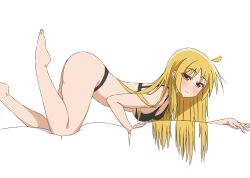 Rule 34 | 1girl, absurdres, ahoge, all fours, ass, bare legs, barefoot, black bra, black panties, blonde hair, blush, bocchi the rock!, bra, breasts, closed mouth, commentary, dot nose, english commentary, foot out of frame, highres, ijichi seika, long hair, looking at viewer, medium breasts, panties, red eyes, simple background, smile, solo, split mouth, thundradrawings, underwear, underwear only, white background