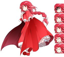 Rule 34 | 1girl, :d, bow, braid, cape, capelet, closed eyes, closed mouth, dairi, expressions, frills, from side, full body, hair between eyes, hand on own chest, long hair, long sleeves, looking at viewer, multiple views, okazaki yumemi, open mouth, red cape, red eyes, red footwear, red hair, shaded face, shoes, simple background, single braid, smile, sweat, tachi-e, touhou, touhou (pc-98), white background, white bow