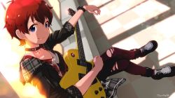 Rule 34 | black choker, black footwear, black jacket, black wristband, blue eyes, boots, choker, commentary, dated, dutch angle, electric guitar, facepaint, foreshortening, guitar, holding, holding instrument, idolmaster, idolmaster million live!, instrument, jacket, julia (idolmaster), leather, leather jacket, looking at viewer, nagian, pantyhose, red hair, red tank top, short hair, sitting, smile, solo, sunset, tank top, tile floor, tiles, torn clothes, torn pantyhose, very short hair, window, wristband