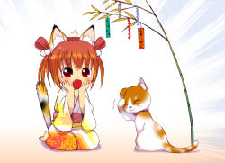 Rule 34 | 1girl, animal ears, barefoot, brown hair, cat, cat ears, cat tail, fang, feet, japanese clothes, kimono, lee (colt), original, red eyes, solo, tail, tanabata, tanzaku, tears, translated, twintails