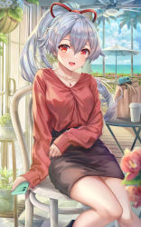 Rule 34 | 1girl, bag, black skirt, blue sky, blush, breasts, ceiling fan, cellphone, chair, collarbone, contemporary, cup, earrings, fate/grand order, fate (series), flower, hair between eyes, hair ribbon, handbag, highres, jewelry, large breasts, long hair, long sleeves, looking at viewer, nintendo, nintendo switch, ocean, open mouth, phone, plant, ponytail, potted plant, red eyes, red ribbon, red shirt, ribbon, shirt, silver hair, sitting, skirt, sky, smile, solo, table, thighs, tomoe gozen (fate), torino aqua, window