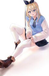 Rule 34 | 1girl, blonde hair, blue brooch, blue eyes, blue hair, blue ribbon, blue skirt, blue sweater vest, breasts, brown footwear, chigusa minori, collared shirt, commentary request, dress shirt, fang, full body, hair between eyes, hair ribbon, highres, light blush, long hair, long sleeves, looking at viewer, multicolored hair, neck ribbon, open mouth, original, pleated skirt, ribbon, shirt, sidelocks, simple background, sitting, skirt, sleeves past wrists, small breasts, solo, streaked hair, sweater vest, thighhighs, thighhighs pull, white background, white shirt, white thighhighs, zettai ryouiki