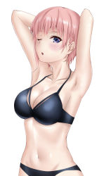 Rule 34 | 1girl, absurdres, armpits, arms up, bare arms, bikini, black bikini, blush, breasts, cleavage, collarbone, go-toubun no hanayome, groin, halterneck, highres, looking at viewer, medium breasts, nakano ichika, navel, one eye closed, open mouth, pink hair, purple eyes, ricky (haye4843), short hair, simple background, solo, standing, straight hair, swimsuit, white background