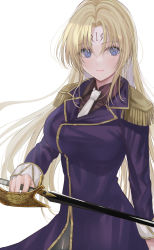 Rule 34 | 1girl, black cat (series), blonde hair, blue eyes, breasts, cowboy shot, epaulettes, expressionless, facial mark, forehead mark, highres, light blush, long hair, looking at viewer, medium breasts, mexif, saber (weapon), sephiria arks, sword, weapon, white background, white neckwear