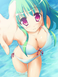 Rule 34 | 1girl, artist request, bikini, breasts, character request, cleavage, female focus, foreshortening, green hair, large breasts, long hair, navel, original, outstretched arm, outstretched hand, pink eyes, reaching, red eyes, side-tie bikini bottom, smile, solo, source request, swimsuit, wading, water, wet