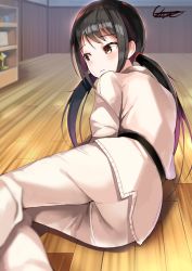 Rule 34 | 1girl, artist request, ass, barefoot, belt, black belt, black hair, blush, breasts, brown eyes, collarbone, day, defeat, dougi, embarrassed, eyelashes, feet, female focus, fingernails, from behind, highres, idolmaster, idolmaster cinderella girls, indoors, karate gi, long hair, long sleeves, long twintails, looking to the side, low twintails, martial arts belt, nakano yuka, namco, neck, on floor, pants, shiny clothes, sidelocks, small breasts, tight clothes, tight pants, toenails, toes, turning head, twintails, very long hair