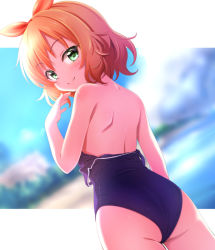 1girl, ass, ayase midori, back, bangs, bare shoulders, blurry, blurry background, blush, clothes down, commentary request, dutch angle, eyebrows visible through hair, green eyes, hair ribbon, idolmaster, idolmaster cinderella girls, looking at viewer, medium hair, orange hair, orange ribbon, ribbon, sakurai momoka, sidelocks, smile, solo, swimsuit