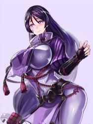 Rule 34 | 1girl, blush, bodysuit, breasts, contrapposto, edobox, fate/grand order, fate (series), fingerless gloves, gloves, grey background, hand on own face, large breasts, long hair, looking at viewer, minamoto no raikou (fate), parted bangs, purple bodysuit, purple eyes, purple hair, rope, shiny clothes, simple background, smile, solo, tassel, thighs, very long hair