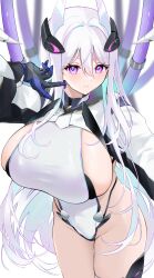 Rule 34 | 1girl, absurdres, alternate breast size, aqua pupils, asymmetrical legwear, azur lane, breasts, cowboy shot, from above, headgear, highleg, highleg leotard, highres, huge breasts, impossible clothes, impossible leotard, kearsarge (azur lane), leotard, long hair, long sleeves, looking at viewer, pink eyes, sideboob, solo, taut leotard, very long hair, white hair, white leotard, white shrug, yamaha tsui