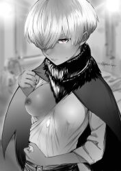 Rule 34 | 1girl, blurry, blurry background, breasts, brown eyes, cape, character request, chest jewel, embarrassed, fur collar, greyscale, hair over one eye, half-closed eyes, medium breasts, monochrome, nipples, no bra, one breast out, short hair, sky: children of the light, solo, spot color, tarakoutibiru, twitter username