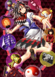 Rule 34 | 1girl, arms at sides, arrow (symbol), black hair, bomb, bow, camera, cape, doll, dress, explosive, grey horns, horns, impossible spell card, jewelry, kijin seija, lantern, mallet, multicolored hair, multiple girls, orb, red eyes, red hair, sandals, short hair, short sleeves, smile, solo, striped horns, torinari (dtvisu), touhou, umbrella, white hair, yin yang