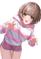 Rule 34 | 1girl, blush, brown hair, dolphin shorts, highres, hood, hoodie, idolmaster, idolmaster shiny colors, ikuta haruki, looking at viewer, pink shorts, short shorts, shorts, simple background, smile, solo, striped clothes, striped hoodie, two-tone hoodie, ushimo (dztu8434), white background, yellow eyes