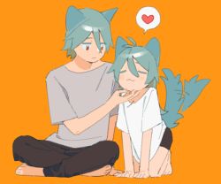 Rule 34 | 1boy, 1girl, :3, :|, afterimage, all fours, animal ears, antenna hair, aqua hair, arm support, bad id, bad tumblr id, barefoot, bike shorts, black pants, black shorts, blush, brother and sister, cat boy, cat ears, cat girl, cat tail, closed eyes, closed mouth, dot nose, expressionless, facing viewer, grey shirt, hair between eyes, hand on another&#039;s chin, hand up, happy, headpat, heart, jitome, looking at another, motion lines, niwabuki, orange background, original, pants, red eyes, ruka (niwabuki), satonaka (niwabuki), shirt, short sleeves, shorts, siblings, simple background, smile, spoken heart, stroking another&#039;s chin, tail, tail wagging, white shirt
