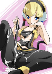 Rule 34 | 10s, 1girl, bad id, bad pixiv id, bare shoulders, blonde hair, blue eyes, blush, breasts, cleavage, creatures (company), cum, cum on body, cum on clothes, elesa (pokemon), game freak, gym leader, headphones, navel, nintendo, open mouth, pantyhose, pokemon, pokemon bw, short hair, sitting, small breasts, solo, toru k