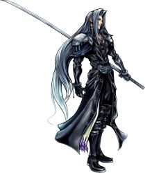 Rule 34 | 1990s (style), 1boy, dissidia final fantasy, final fantasy, final fantasy vii, full body, long hair, male focus, nomura tetsuya, official art, sephiroth, solo, standing, sword, transparent background, very long hair, weapon