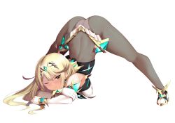 Rule 34 | 1girl, ass, bare shoulders, blonde hair, breasts, chest jewel, cleavage, cleavage cutout, clothing cutout, daive, dress, earrings, elbow gloves, gloves, highres, jack-o&#039; challenge, jewelry, large breasts, long hair, mythra (massive melee) (xenoblade), mythra (xenoblade), short dress, solo, spread legs, swept bangs, thigh strap, tiara, very long hair, white dress, white footwear, white gloves, xenoblade chronicles (series), xenoblade chronicles 2, yellow eyes
