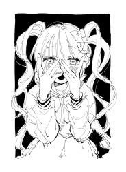 Rule 34 | 1girl, blush, bow, bowtie, chouzetsusaikawa tenshi-chan, commentary, cropped legs, empty eyes, english commentary, greyscale, hair bow, hands on own face, hands up, highres, lineart, long hair, long sleeves, looking at viewer, monochrome, multiple hair bows, needy girl overdose, okanadamo, outside border, peeking through fingers, raised eyebrows, school uniform, serafuku, skirt, solo, squatting, twintails