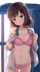 Rule 34 | 1girl, backlighting, bare shoulders, black hair, blush, bow, bow bra, bow panties, bowtie, bra, breasts, brown hair, cleavage, collarbone, commentary request, cowboy shot, frilled bra, frills, head tilt, highres, hyuuga azuri, indoors, looking at viewer, medium breasts, navel, open clothes, open shirt, original, panties, pink bra, pink panties, red eyes, shirt, short hair, solo, stomach, underwear, undone bowtie, undressing, white shirt