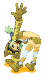 Rule 34 | 1girl, :d, animal hat, arm up, ass, back, bent over, blonde hair, blush, breasts, brown shorts, butt crack, collar, crop top, cropped jacket, disgaea, from side, full body, gloves, goggles, goggles on head, green hair, hat, jacket, kagehito, long hair, looking at viewer, low ponytail, midriff, open clothes, open jacket, open mouth, orange eyes, orange thighhighs, paw shoes, pointy ears, ponytail, shadow, shoes, short shorts, shorts, simple background, slit pupils, small breasts, smile, solo, striped clothes, striped thighhighs, thief (disgaea), thighhighs, underboob, white background, white thighhighs, yellow eyes