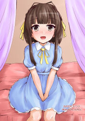 Rule 34 | 1girl, blunt bangs, brown eyes, brown hair, dated, feet out of frame, hair ribbon, highres, kamiya tadato, kantai collection, looking at viewer, one-hour drawing challenge, puffy short sleeves, puffy sleeves, ribbon, short hair, short hair with long locks, short sleeves, smile, solo, twitter username, ukuru (kancolle), v arms