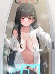 Rule 34 | 2girls, absurdres, aris (blue archive), bite mark, bite mark on neck, black hair, blue archive, blue halo, blush, breasts, bright pupils, collarbone, hair ornament, hairpin, halo, highres, large breasts, long hair, mijikayo, multiple girls, open clothes, open mouth, open shirt, red eyes, rio (blue archive), shirt, single off shoulder, solo focus, white pupils, white shirt
