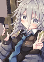 Rule 34 | 1girl, absurdres, bad id, bad pixiv id, black shirt, blue necktie, blush, braid, breasts, brown background, closed mouth, collared shirt, colored eyelashes, commentary request, girls&#039; frontline, grey eyes, grey hair, grey jacket, gun, h&amp;k xm8, hair between eyes, hands up, highres, holding, holding gun, holding weapon, jacket, long hair, long sleeves, looking at viewer, necktie, open clothes, open jacket, personification, puffy long sleeves, puffy sleeves, shirt, simple background, small breasts, solo, upper body, v, waste (arkaura), wavy mouth, weapon, xm8 (girls&#039; frontline)