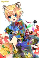 Rule 34 | 1girl, animal ears, blonde hair, blue eyes, blush, chinese zodiac, female focus, highres, holding, iris (ryou@ryou), japanese clothes, kemonomimi mode, kimono, looking at viewer, open mouth, original, print kimono, ryou@ryou, short hair, solo, tail, tiger ears, tiger girl, tiger tail, twitter username, year of the tiger