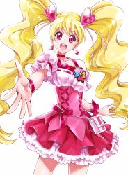 Rule 34 | 00s, 1girl, :d, blonde hair, blush, choker, cure peach, dress, earrings, eyelashes, fresh precure!, frilled dress, frills, hair ornament, hairclip, happy, heart, heart earrings, heart hair ornament, highres, jewelry, long hair, looking at viewer, magical girl, meme attire, momozono love, open mouth, pink eyes, precure, puffy sleeves, ribbon, sharumon, simple background, smile, solo, standing, twintails, white background, wrist cuffs