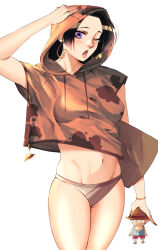 Rule 34 | 1girl, absurdres, black hair, blush, boa hancock, breasts, character doll, chibi, commentary, earrings, english commentary, hat, highres, holding, hood, hoodie, hoop earrings, jewelry, jobin chan, large breasts, lipstick, looking at viewer, makeup, midriff, nail polish, navel, one eye closed, one piece, open mouth, original, panties, purple eyes, short hair, simple background, standing, underwear, white background
