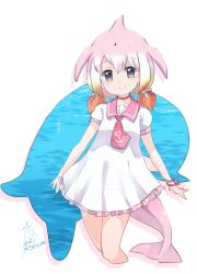 Rule 34 | 10s, 1girl, blonde hair, blowhole, bracelet, cetacean tail, chinese white dolphin (kemono friends), choker, dress, fins, fish tail, frilled dress, frills, hair tie, japari symbol, japari symbol print, jewelry, kemono friends, looking at viewer, multicolored hair, necktie, orange hair, pink hair, puffy short sleeves, puffy sleeves, red choker, sailor collar, short sleeves, signature, smile, solo, tail, tatsuno newo, water, white hair
