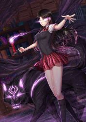 Rule 34 | 1girl, adsouto, alternate costume, artist name, black hair, black socks, blush, book, bookshelf, bow, bracelet, breasts, candle, claudia (the dragon prince), dutch angle, earrings, glowing, glowing eyes, highres, holding, indoors, jewelry, lips, long hair, looking at viewer, magic, medium breasts, outstretched arms, plaid, plaid skirt, pleated skirt, school uniform, skirt, smile, socks, solo, spread arms, standing, the dragon prince, watermark, wolf