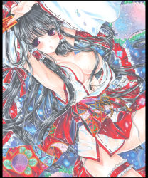 Rule 34 | 1girl, alternate costume, armpits, arms up, black hair, blush, bow, breasts, cleavage, detached sleeves, female focus, flower, frills, hair bow, hair over breasts, hakurei reimu, hydrangea, japanese clothes, large breasts, bridal garter, long hair, marker (medium), miko, ofuda, pekopokox, red eyes, shikishi, solo, touhou, traditional media, wet, wet clothes